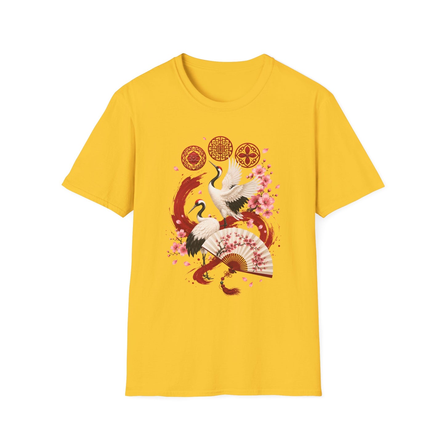 Crane & Cherry Blossom T-Shirt — Asian-Inspired Zen Floral Design