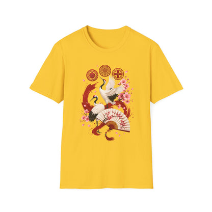 Crane & Cherry Blossom T-Shirt — Asian-Inspired Zen Floral Design