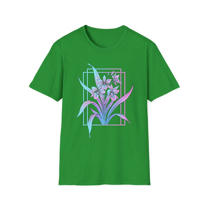 Floral Pastel Iris Tee — Botanical Purple & Teal Graphic T-Shirt