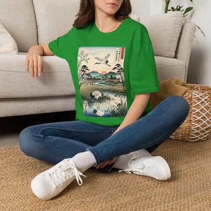 Japanese Crane Print T-Shirt — Vintage Ukiyo-e Landscape Tee