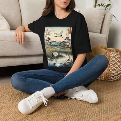 Japanese Crane Print T-Shirt — Vintage Ukiyo-e Landscape Tee