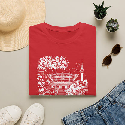 Korean Temple & Cherry Blossom T-Shirt — Seoul Pagoda Skyline Tee