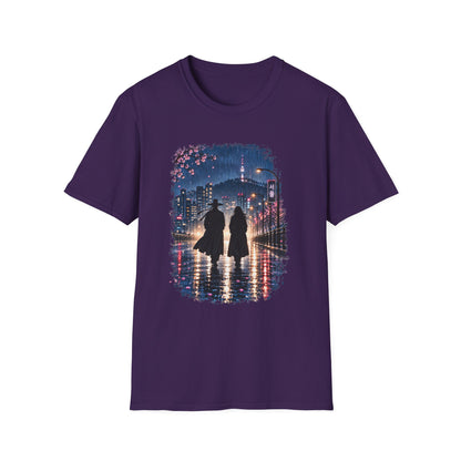 Romantic Night Stroll T-Shirt — Couple Silhouette Under Cherry Blossoms