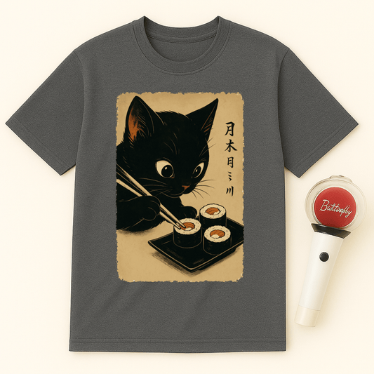 BLACK CAT EATING SUSHI UNISEX T-SHIRT