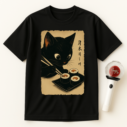 BLACK CAT EATING SUSHI UNISEX T-SHIRT