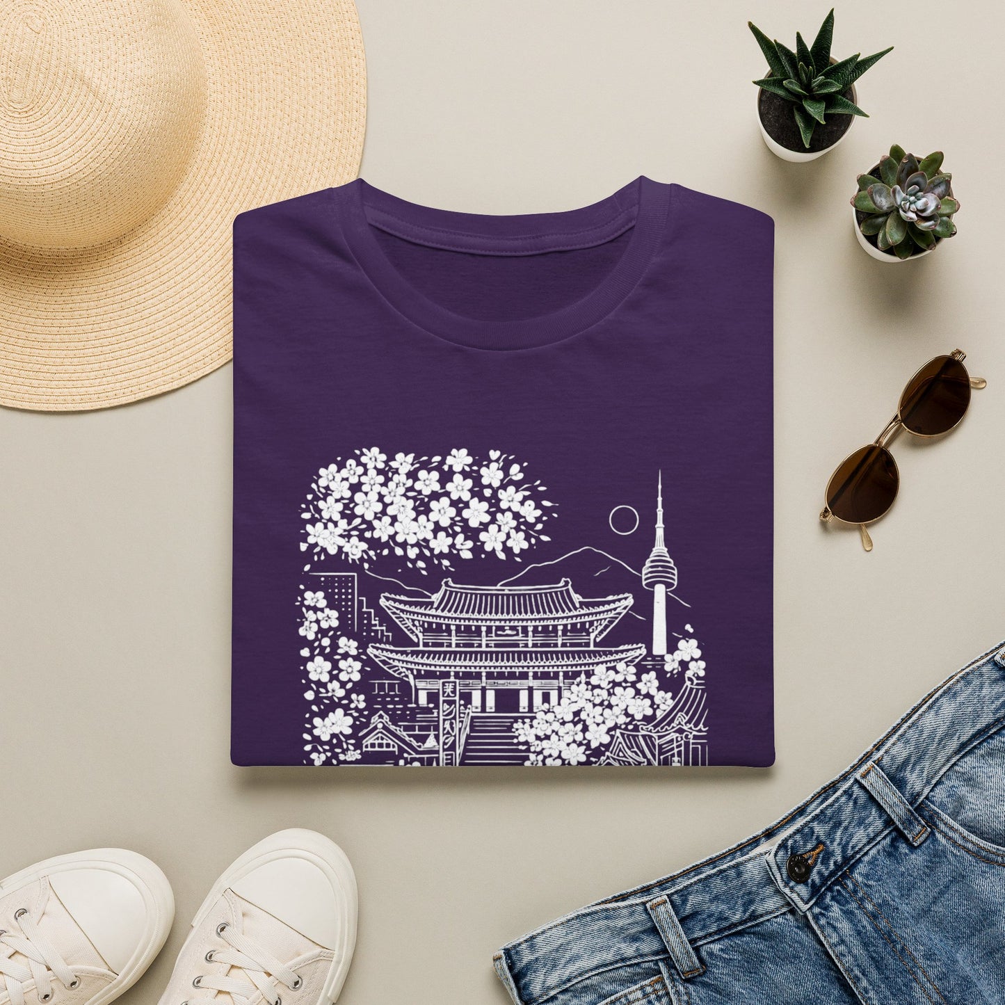 Korean Temple & Cherry Blossom T-Shirt — Seoul Pagoda Skyline Tee