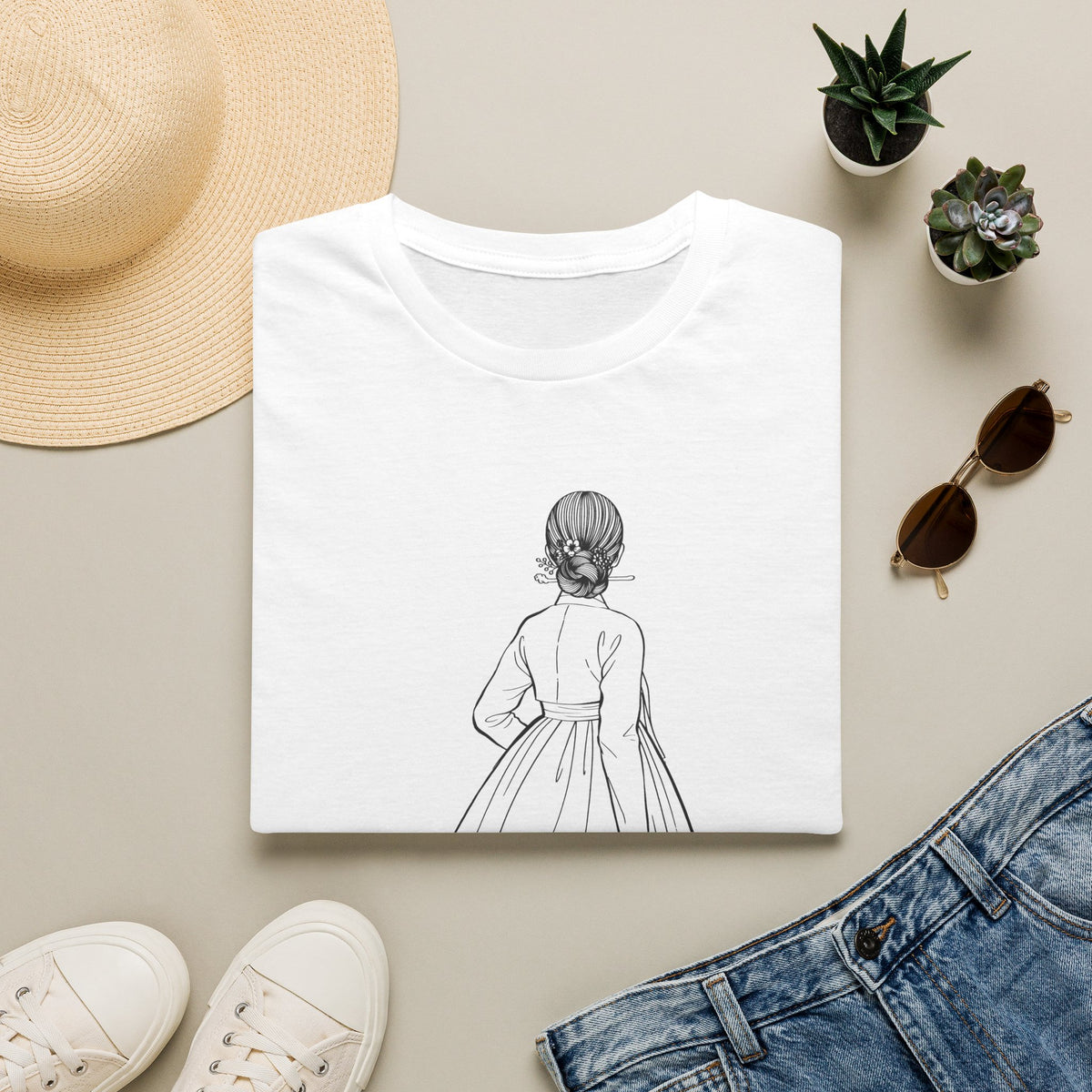 Sketch Back View Woman Tee — Minimalist Line Art T-Shirt