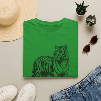 Tiger Sketch T‑Shirt with Korean '호랑이' Text — Minimalist Wildlife Tee