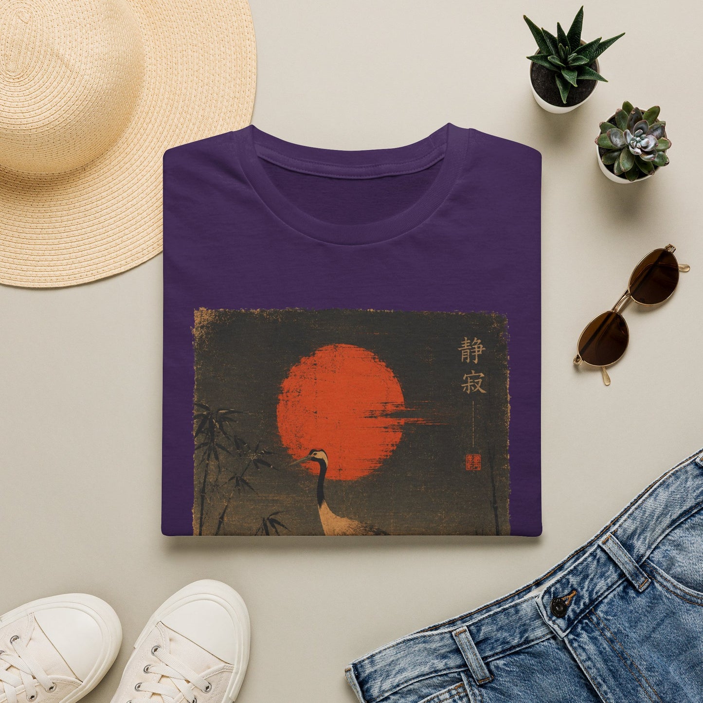 Crane & Red Sun T-Shirt — Japanese Vintage Sunset Tee