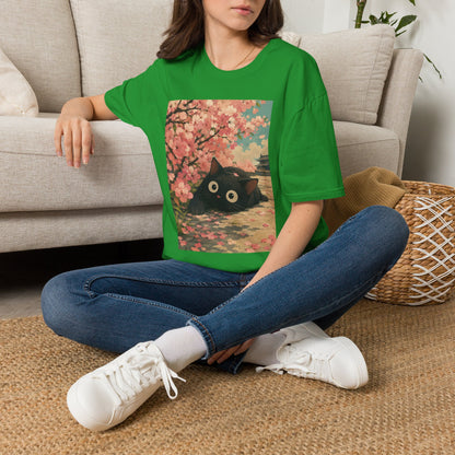 Cherry Blossom Cat T-Shirt — Cute Black Cat Under Sakura Scene