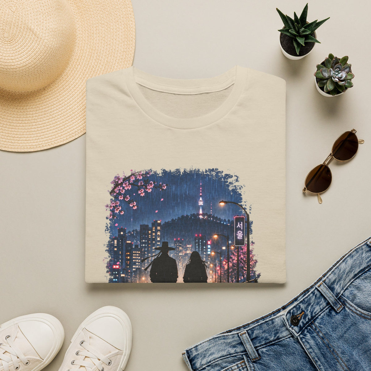 Romantic Night Stroll T-Shirt — Couple Silhouette Under Cherry Blossoms