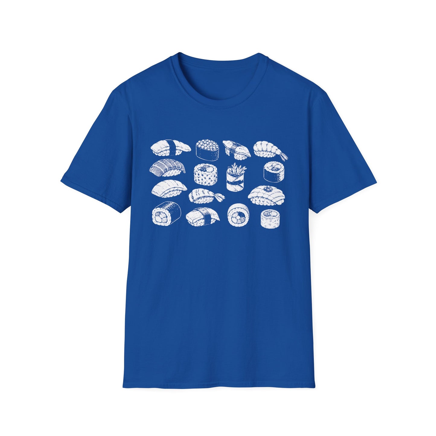 Sushi Pattern T-Shirt — White Hand-Drawn Sushi Icons Tee