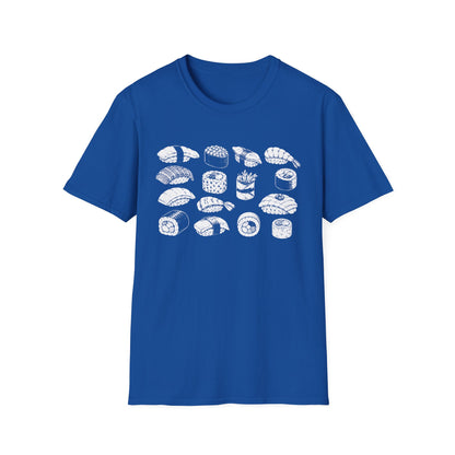 Sushi Pattern T-Shirt — White Hand-Drawn Sushi Icons Tee