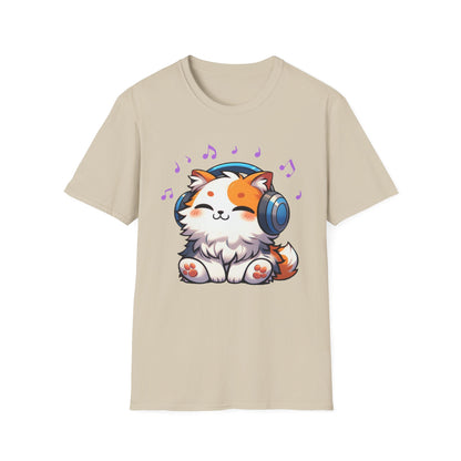 Cute Cat Music Lover T-Shirt - Unisex Softstyle Tee with Headphones and Musical Notes