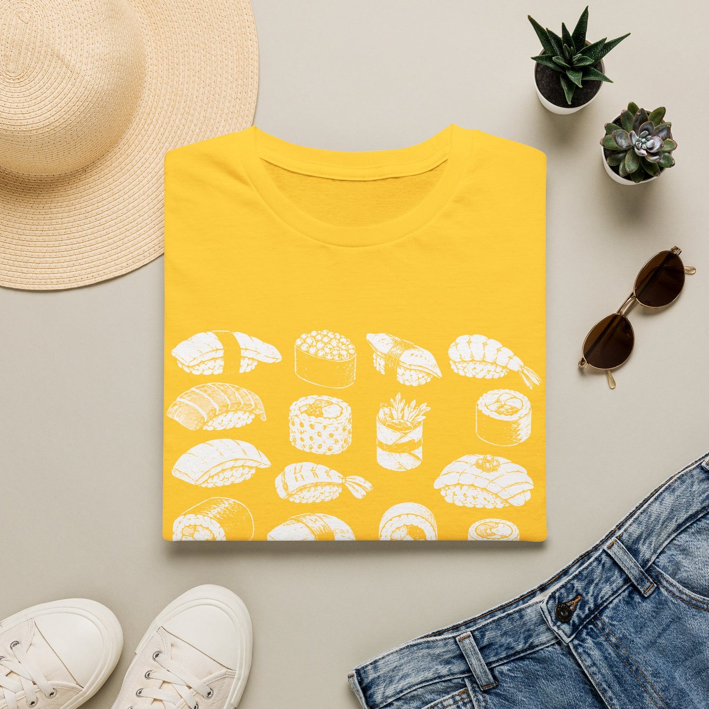 Sushi Pattern T-Shirt — White Hand-Drawn Sushi Icons Tee