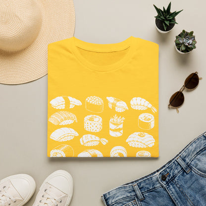 Sushi Pattern T-Shirt — White Hand-Drawn Sushi Icons Tee
