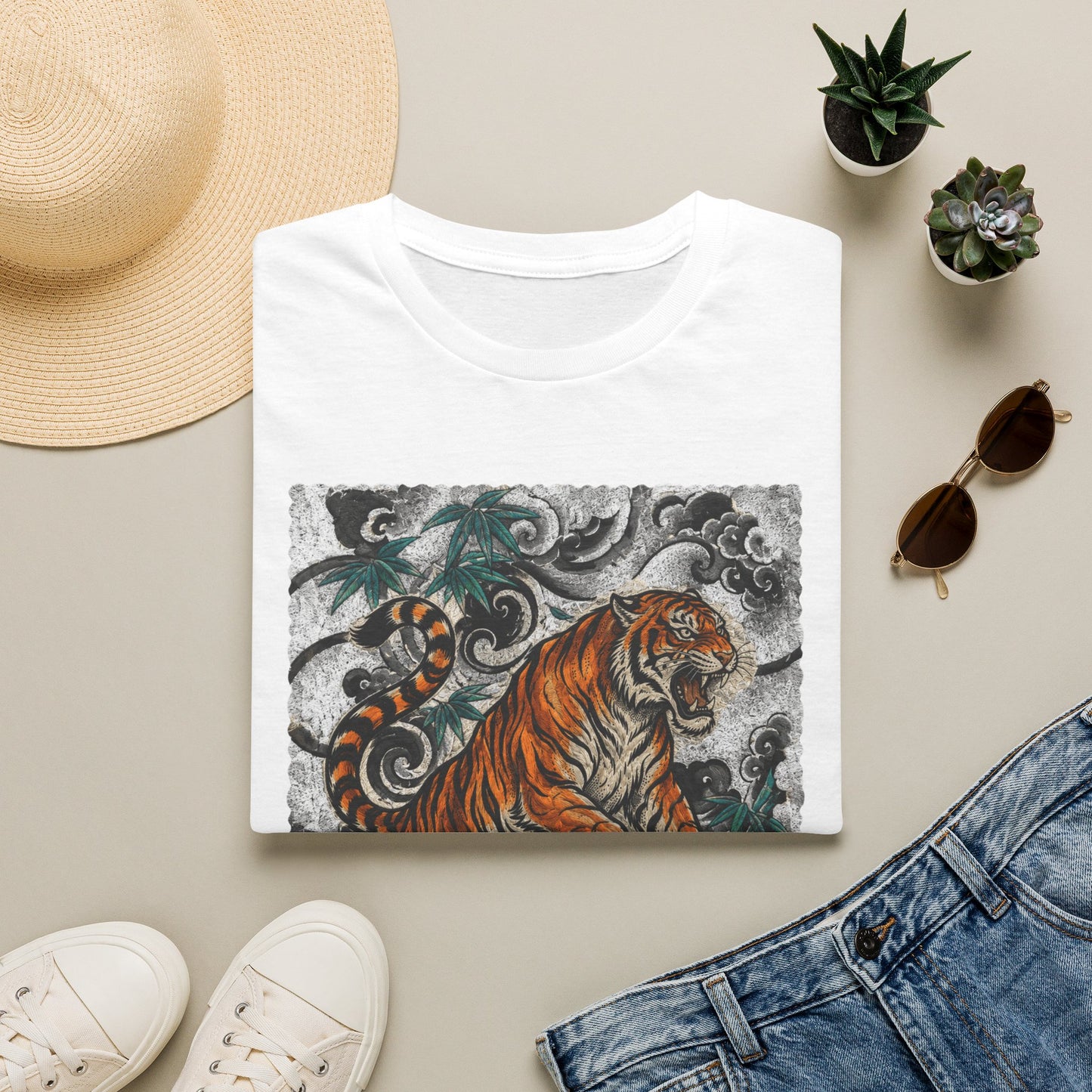 Tiger Tattoo Graphic T‑Shirt — Roaring Tiger Illustration Tee