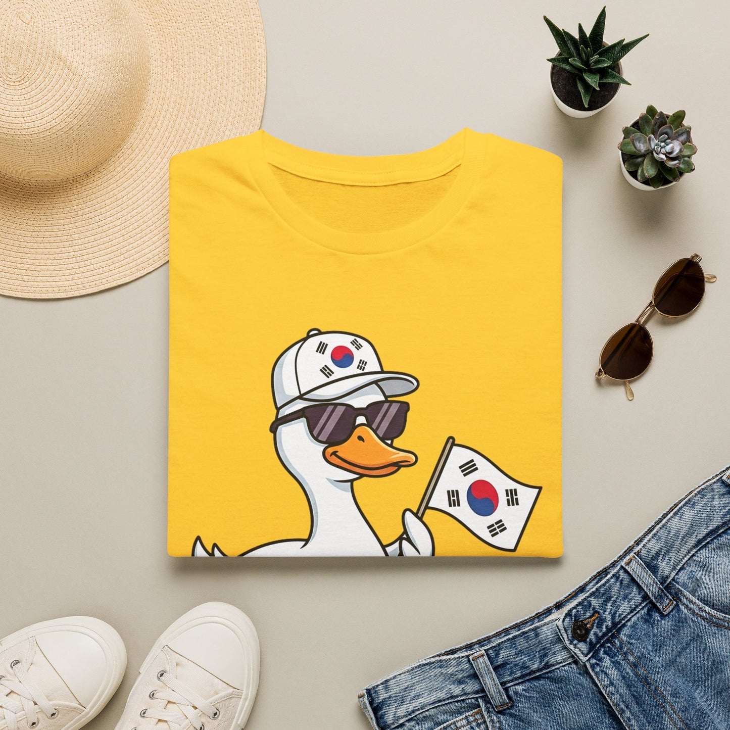 Korean Flag Duck T-Shirt — Cute Sunglasses Duck Holding South Korea Flag