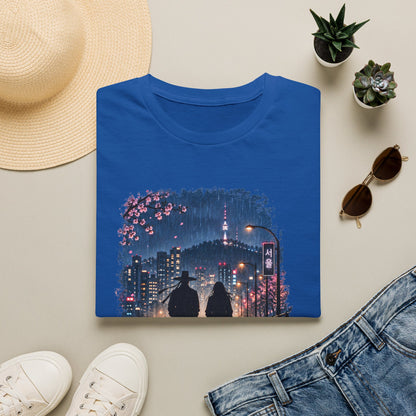 Romantic Night Stroll T-Shirt — Couple Silhouette Under Cherry Blossoms
