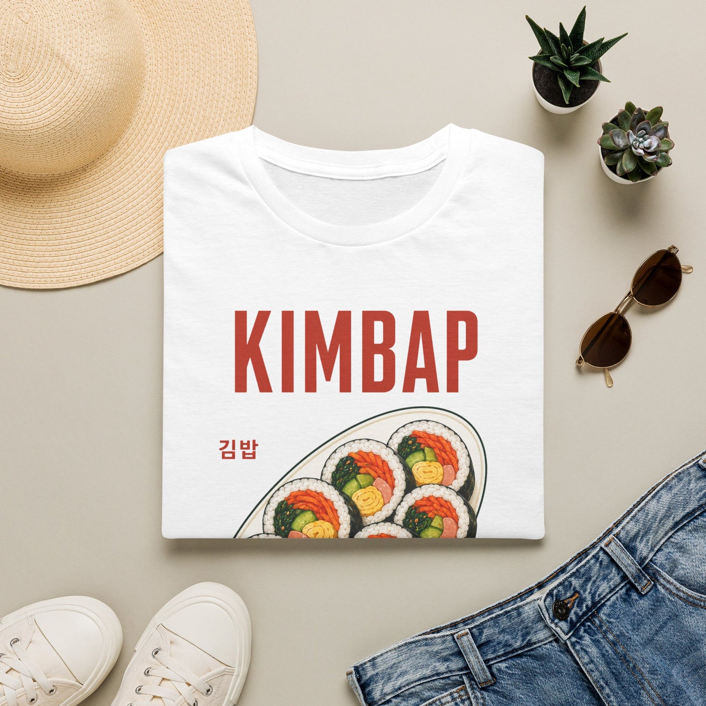 Kimbap T-Shirt — Retro Korean Food Graphic Tee ("KIMBAP" with Made in Korea Roll Art)