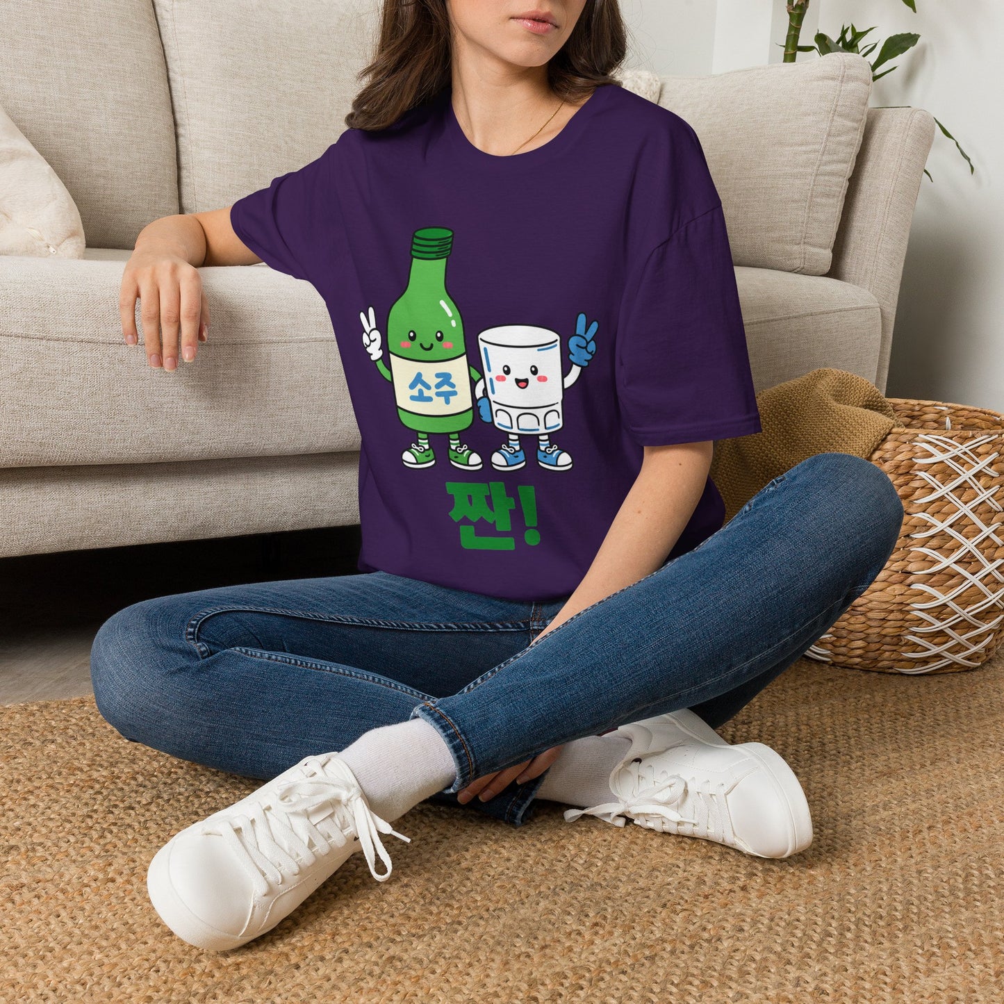 Soju & Shot Glass T‑Shirt — Cute Kawaii Cheers Design (짠!)