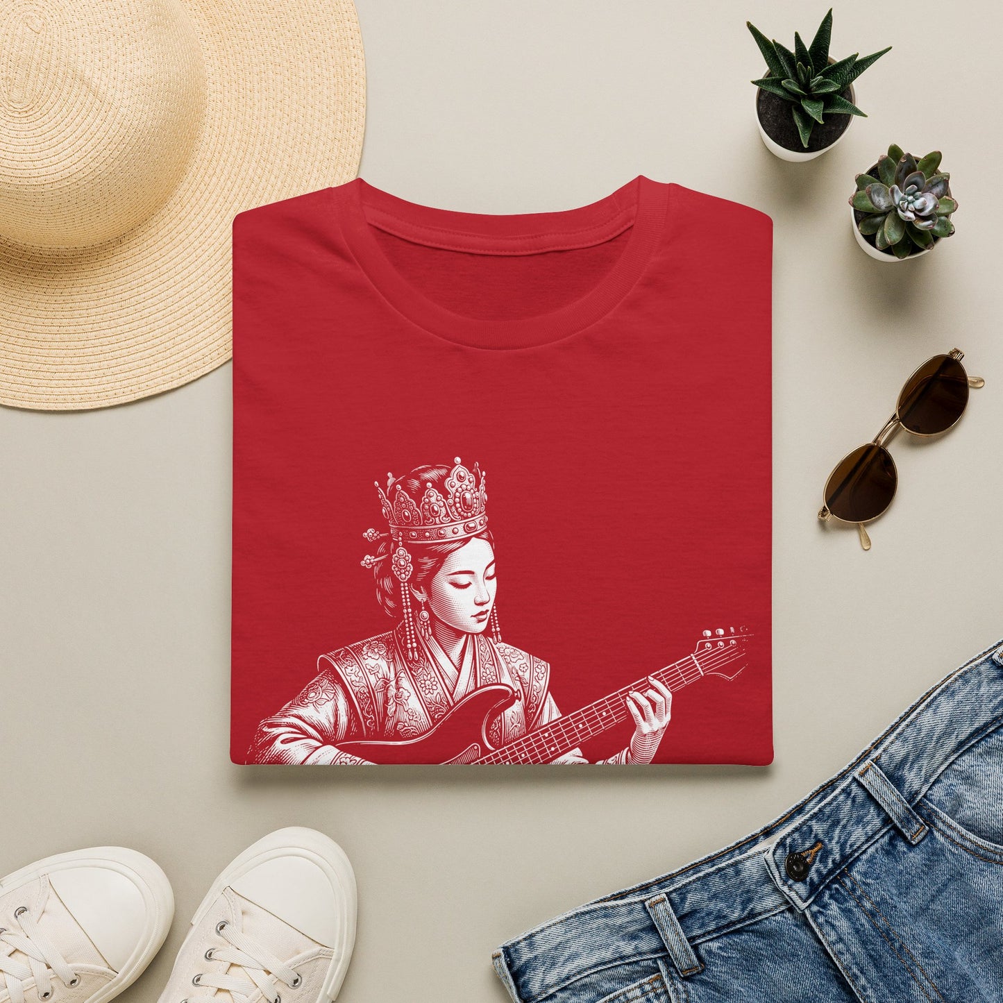 Queen Guitarist T‑Shirt — Regal Woman Playing Electric Guitar Tee