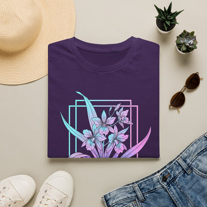 Floral Pastel Iris Tee — Botanical Purple & Teal Graphic T-Shirt