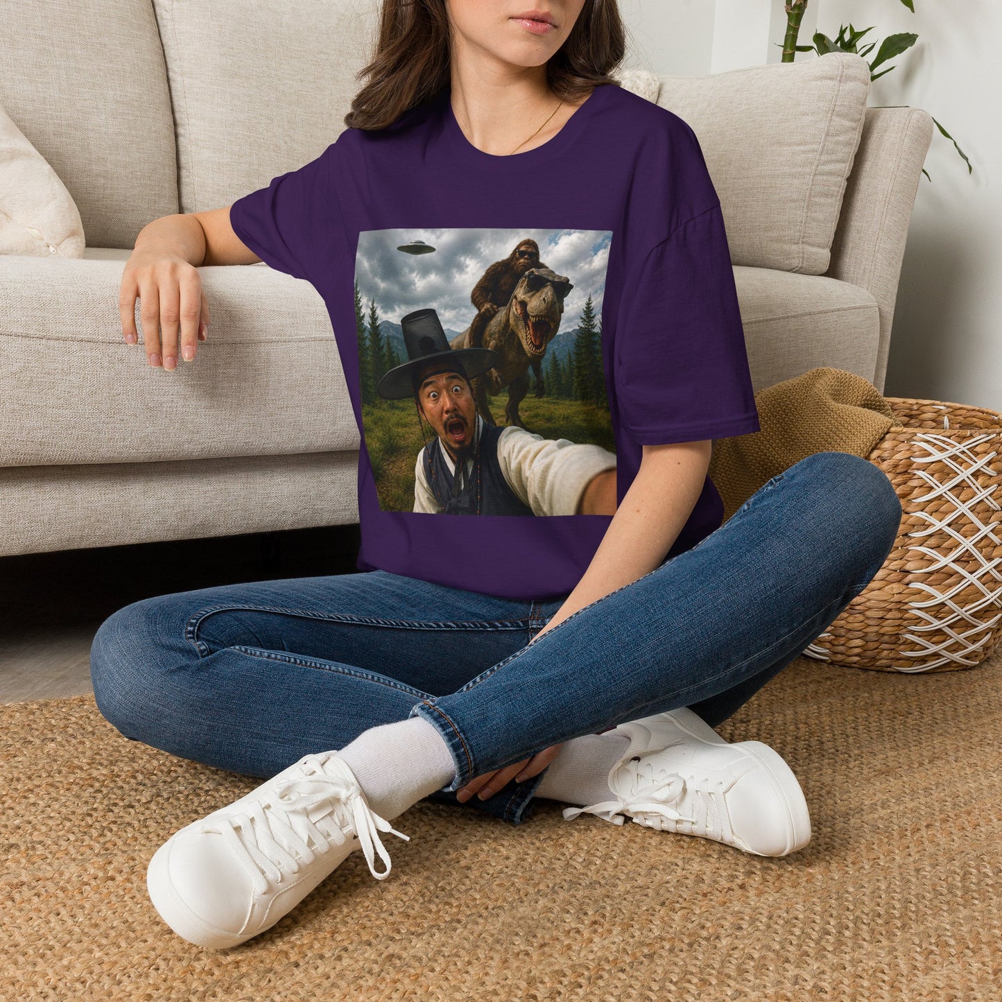 Funny Bigfoot Selfie T-Shirt — UFO, T-Rex & Sasquatch Wilderness Tee