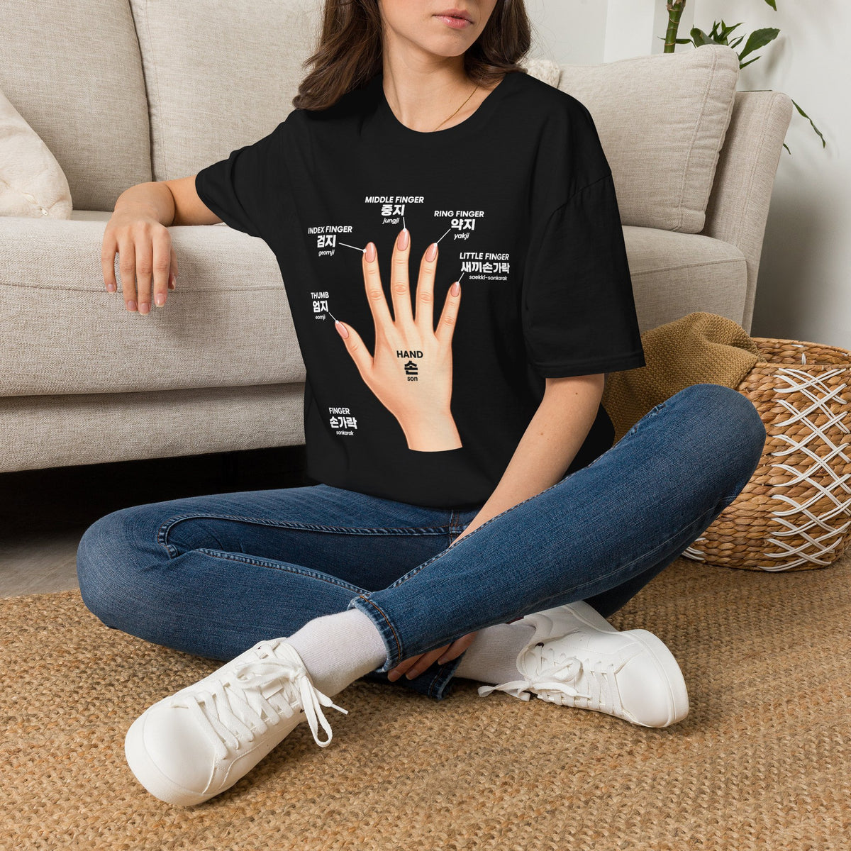 Korean Finger Labels T-Shirt — Hand Anatomy Graphic Tee (Index, Middle, Ring, Pinky, Thumb)