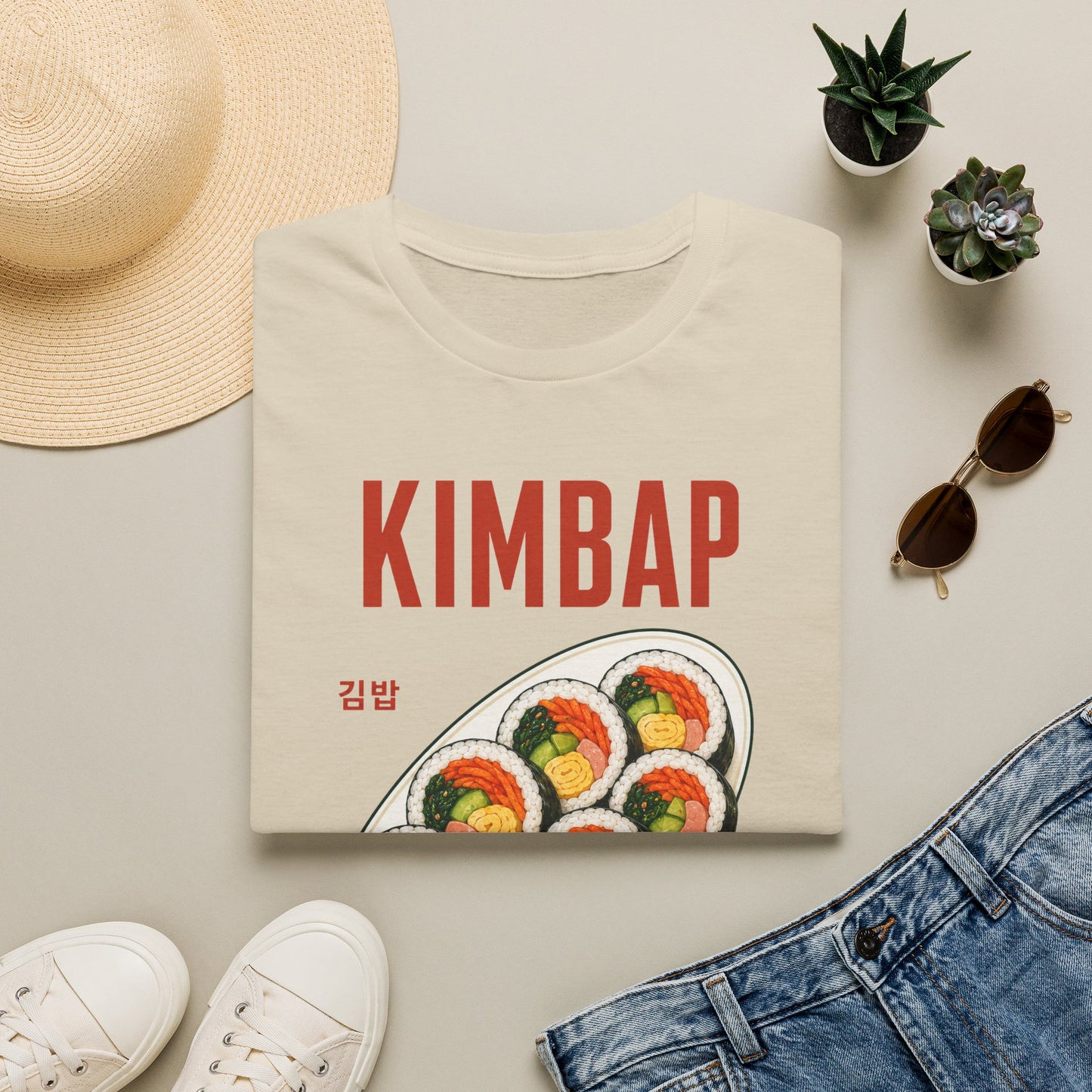 Kimbap T-Shirt — Retro Korean Food Graphic Tee ("KIMBAP" with Made in Korea Roll Art)