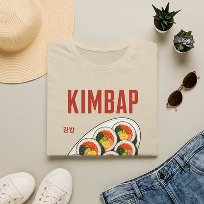 Kimbap T-Shirt — Retro Korean Food Graphic Tee ("KIMBAP" with Made in Korea Roll Art)
