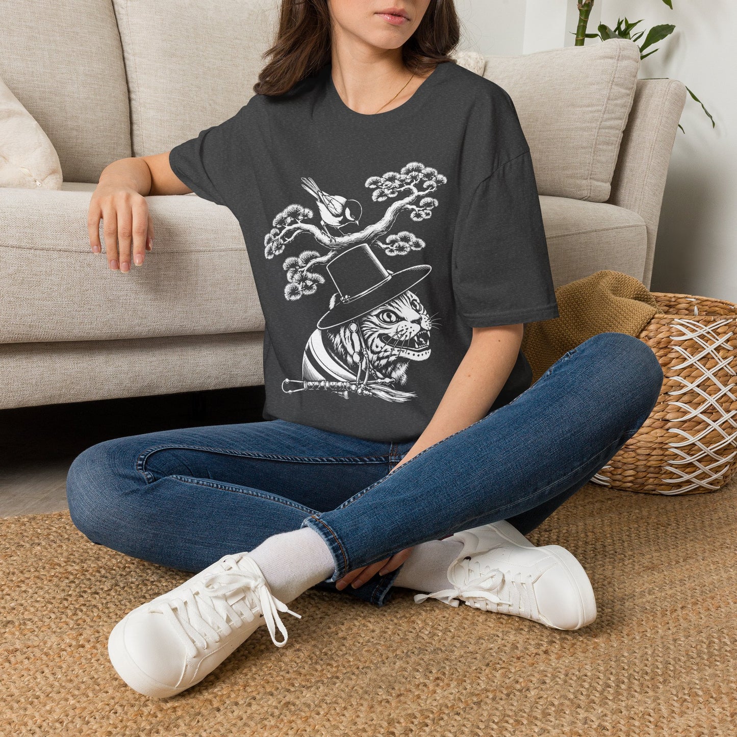 Cat in Top Hat T-Shirt — Whimsical Noir Cat & Bird Graphic Tee