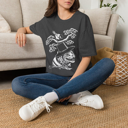 Cat in Top Hat T-Shirt — Whimsical Noir Cat & Bird Graphic Tee