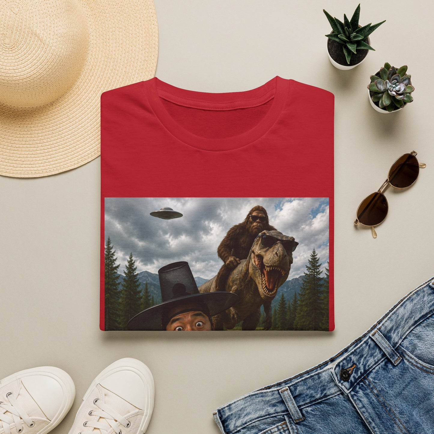 Funny Bigfoot Selfie T-Shirt — UFO, T-Rex & Sasquatch Wilderness Tee