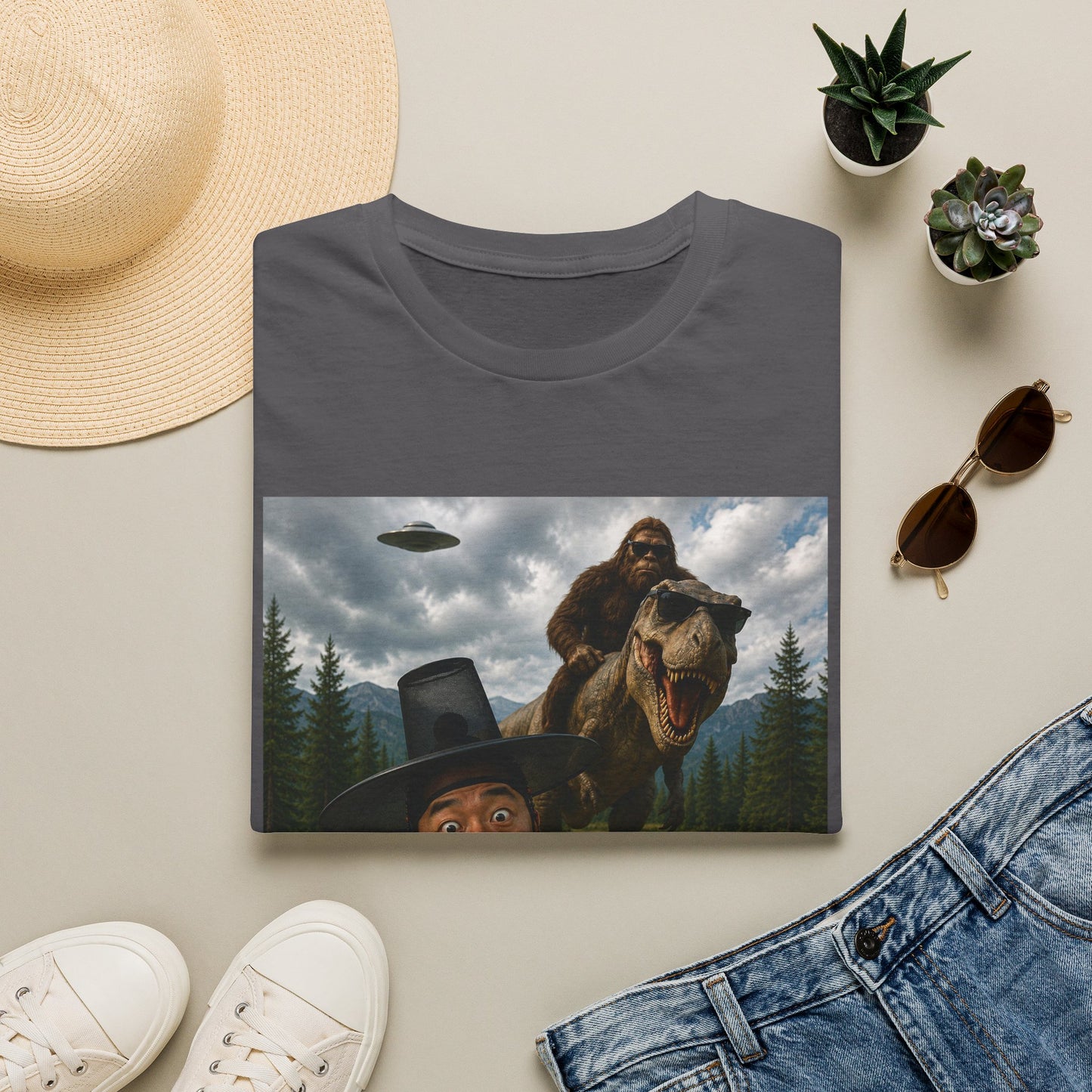 Funny Bigfoot Selfie T-Shirt — UFO, T-Rex & Sasquatch Wilderness Tee