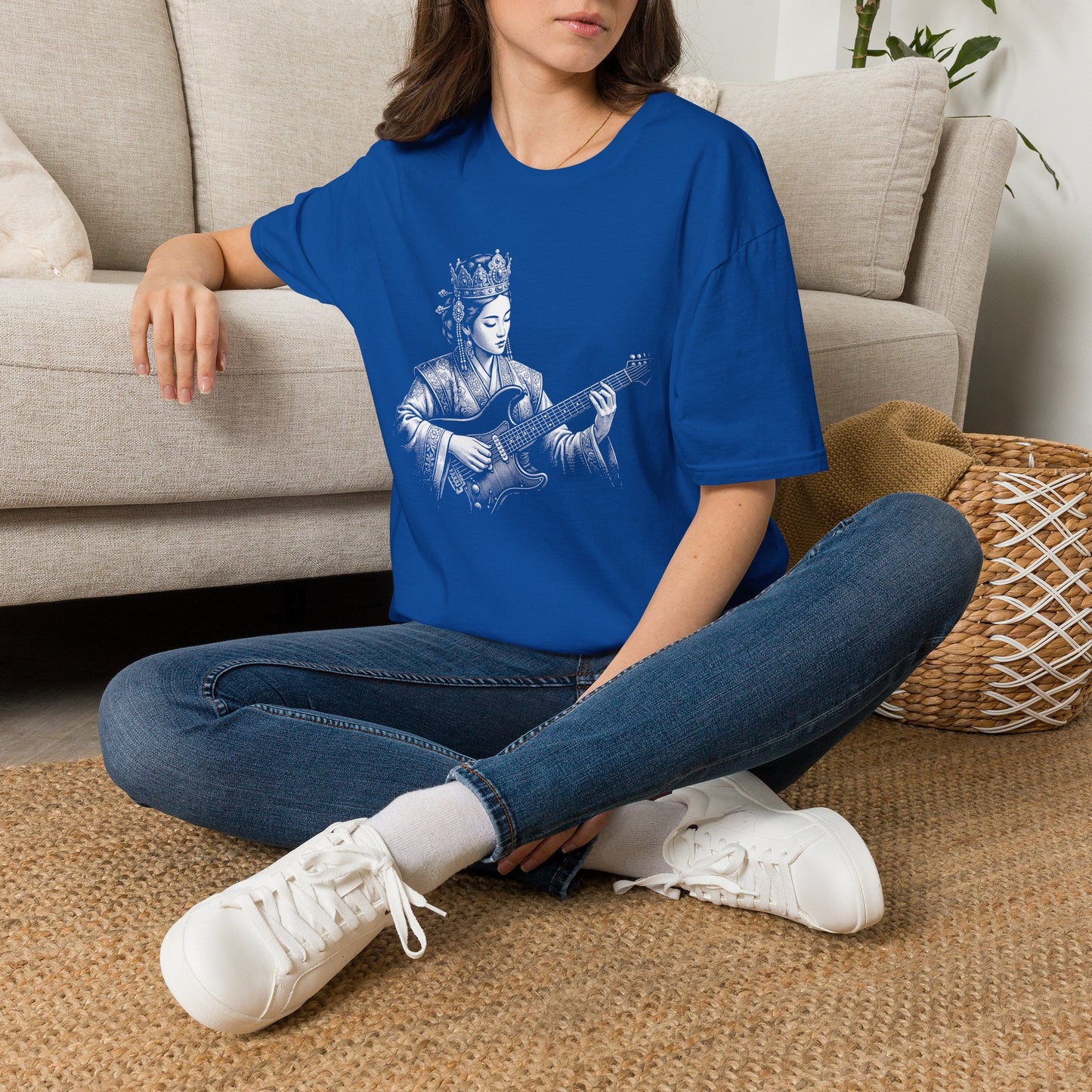 Queen Guitarist T‑Shirt — Regal Woman Playing Electric Guitar Tee