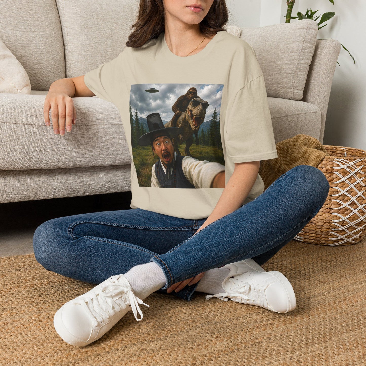 Funny Bigfoot Selfie T-Shirt — UFO, T-Rex & Sasquatch Wilderness Tee