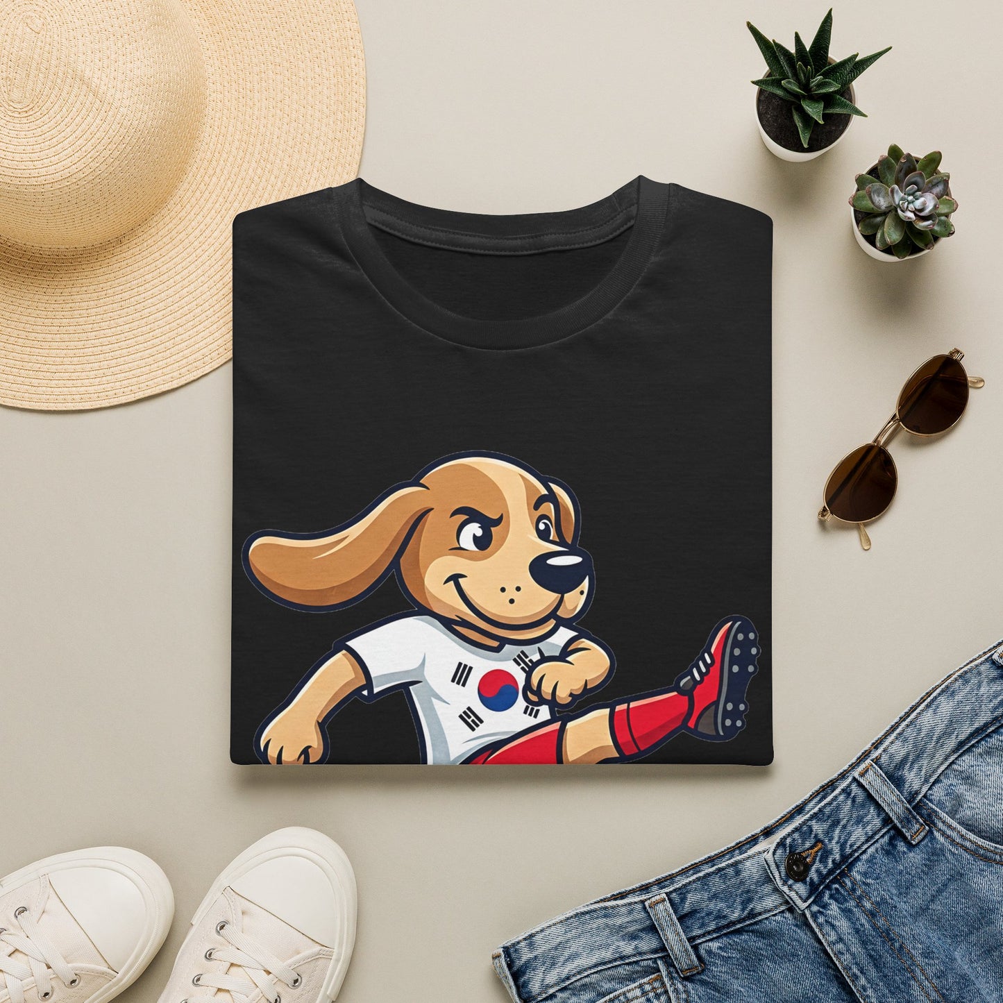 Kids’ Soccer Dog T-Shirt — Cute Cartoon Puppy Kicking Ball (Korean Flag Jersey)