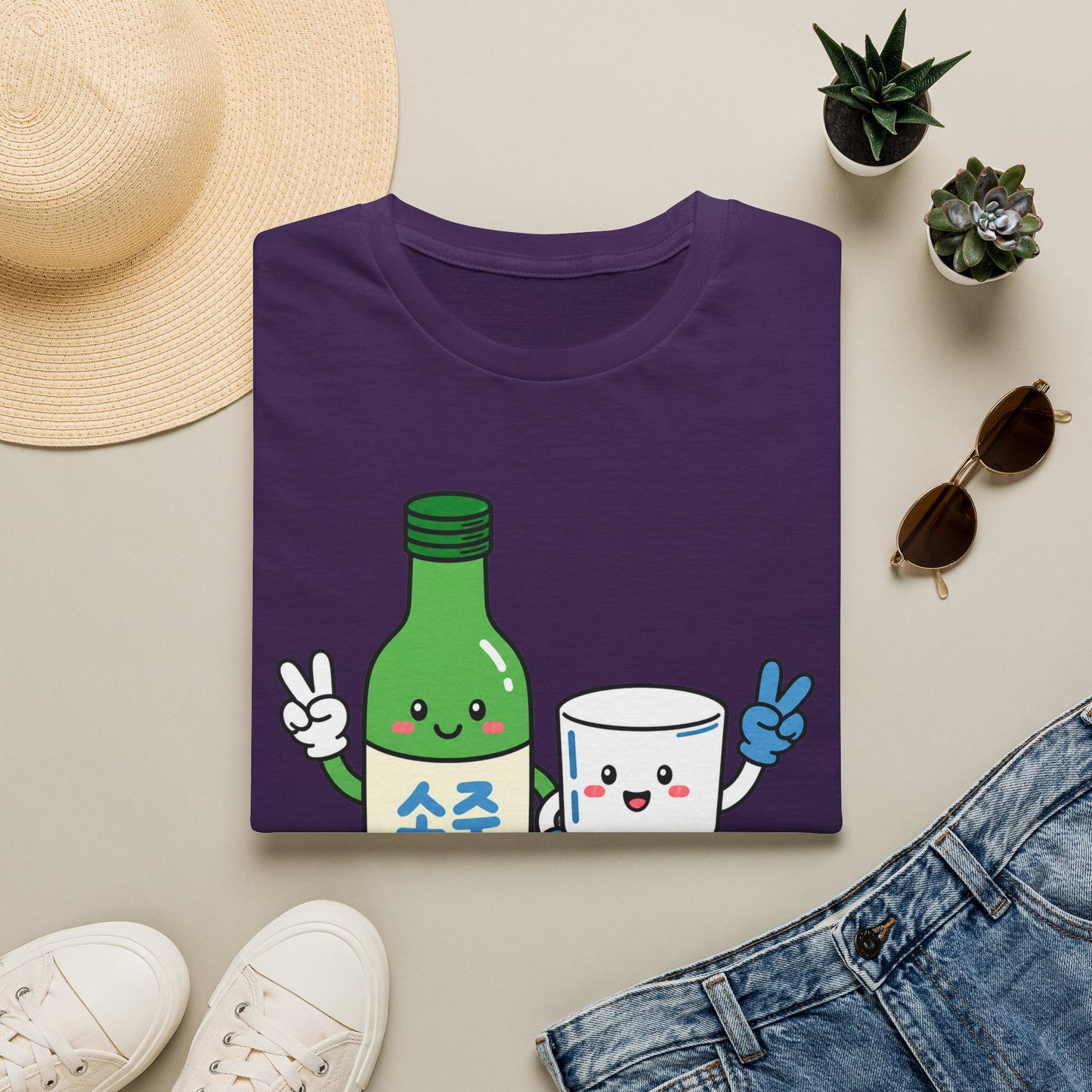 Soju & Shot Glass T‑Shirt — Cute Kawaii Cheers Design (짠!)