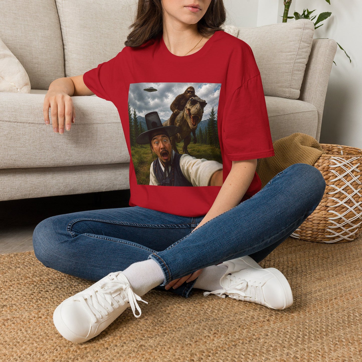 Funny Bigfoot Selfie T-Shirt — UFO, T-Rex & Sasquatch Wilderness Tee