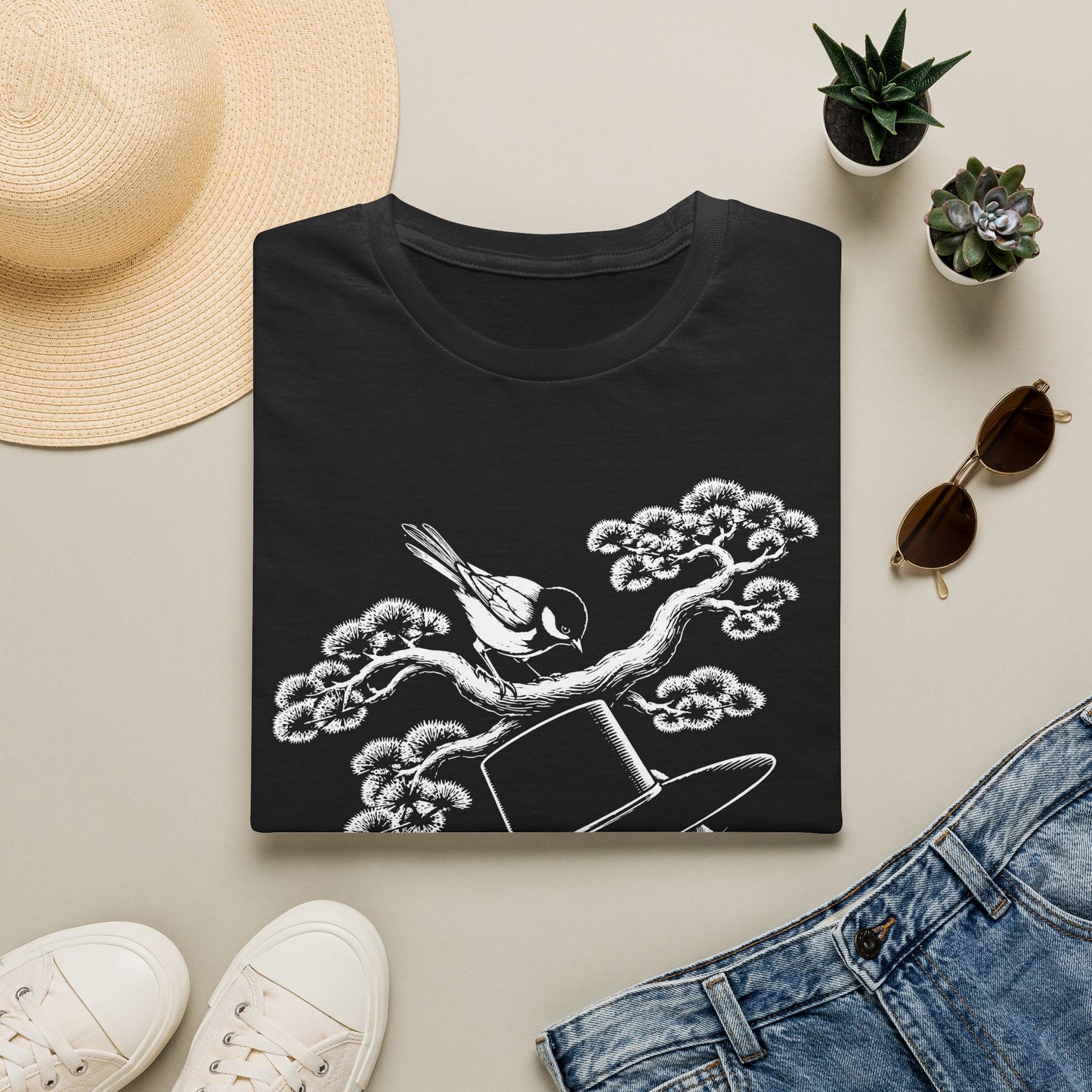 Cat in Top Hat T-Shirt — Whimsical Noir Cat & Bird Graphic Tee