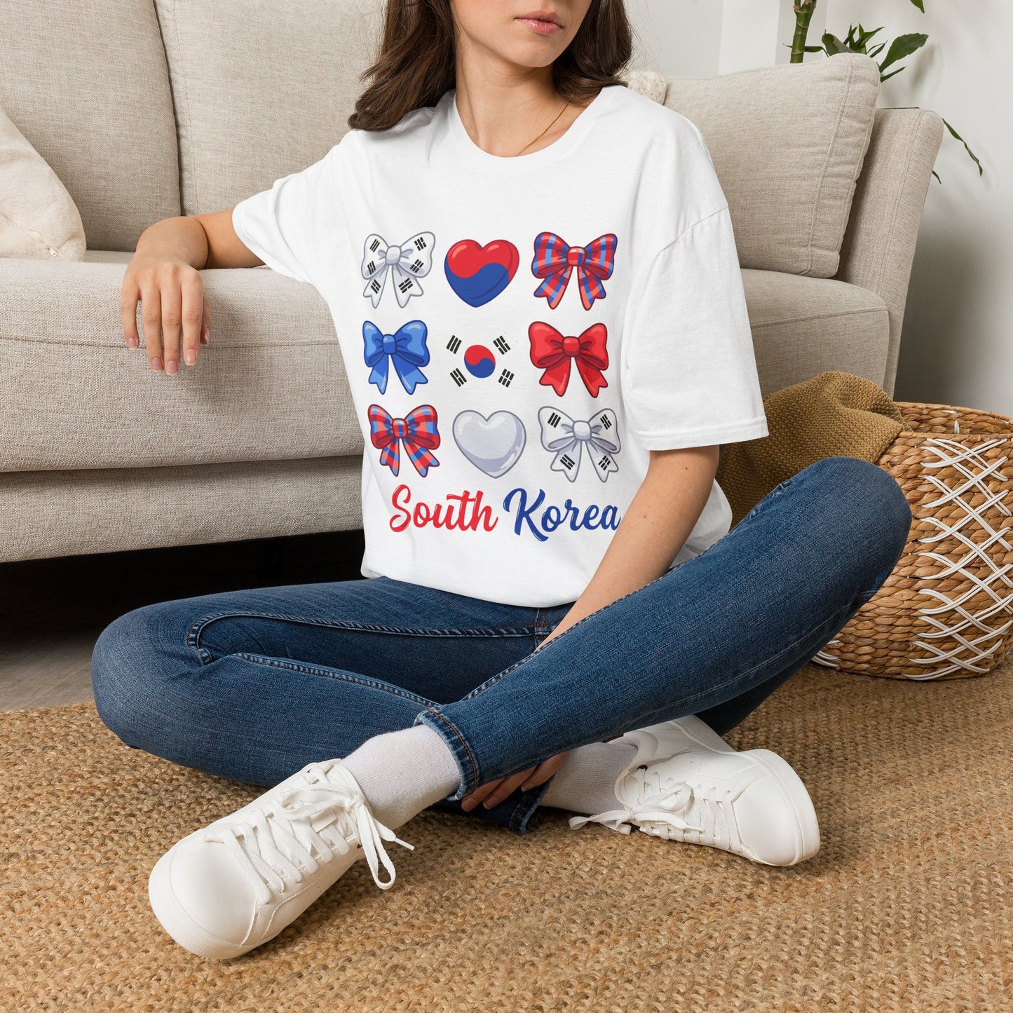 South Korea Bow Graphic T‑Shirt — Korean Flag Heart & Ribbon Design