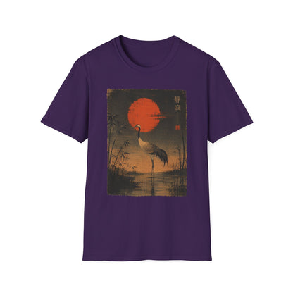 Crane & Red Sun T-Shirt — Japanese Vintage Sunset Tee