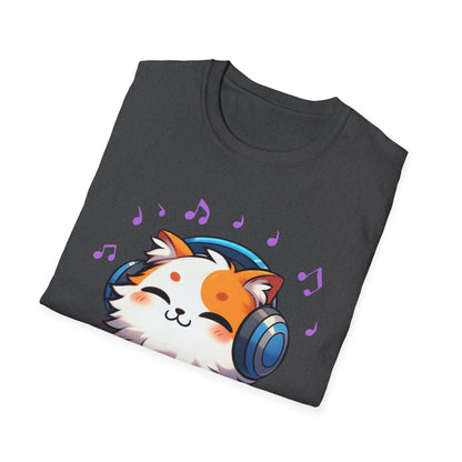 Cute Cat Music Lover T-Shirt - Unisex Softstyle Tee with Headphones and Musical Notes