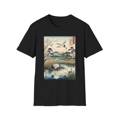 Japanese Crane Print T-Shirt — Vintage Ukiyo-e Landscape Tee