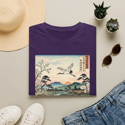 Japanese Crane Print T-Shirt — Vintage Ukiyo-e Landscape Tee