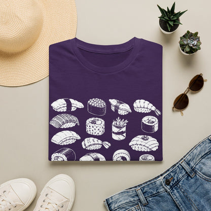 Sushi Pattern T-Shirt — White Hand-Drawn Sushi Icons Tee