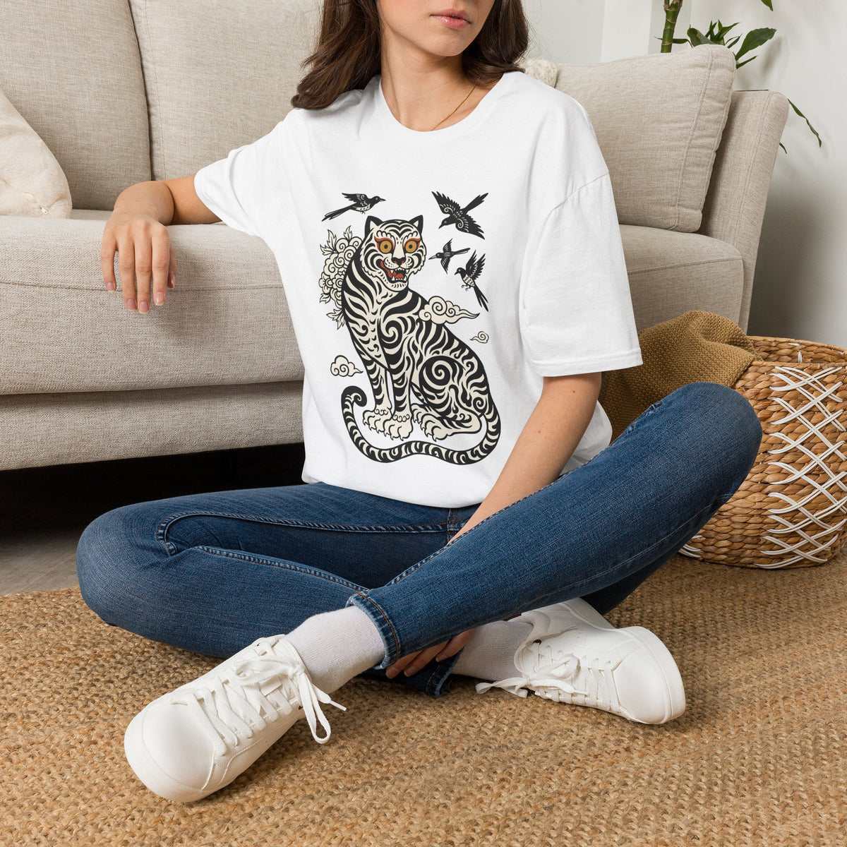 Tiger & Crows Graphic T-Shirt — Bold Japanese-Inspired Tattoo Style