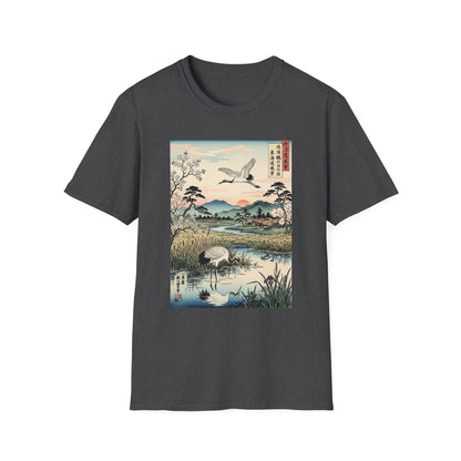 Japanese Crane Print T-Shirt — Vintage Ukiyo-e Landscape Tee