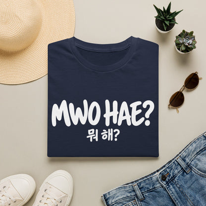 Mwo Hae? Korean Phrase T-Shirt — Casual Hangout Tee with Korean '뭐 해?' Graphic